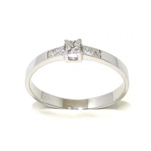Anillo solitario oro blanco 18K diamante talla princesa 0,12 ct con diamantes
