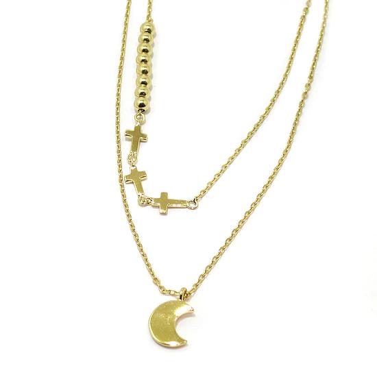 Collar plata dorada doble cruces luna