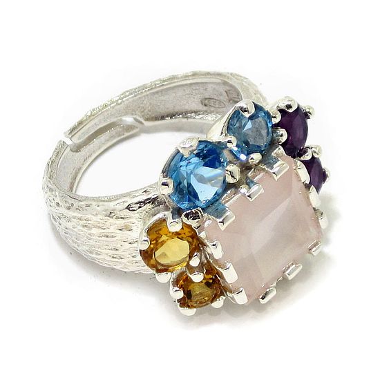 Anillo plata cuarzo rosa amatistas topacios